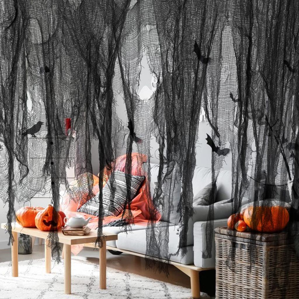 Halloween Creepy Gauze Cloth Decoration,  Black Scary Halloween Gauze Tapestry Decor, Spooky Decor for Home Wall Yard Haunted House Party Supplies
