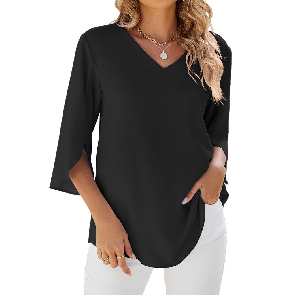 Europe and the United States 2026 Spring and Summer New Solid Color V-neck Mid-sleeve Loose Chiffon Shirt for Women