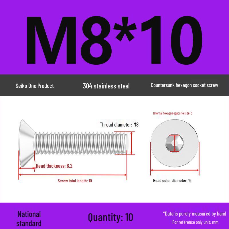 M2-M10 Stainless Steel Flat Head Machine Screws and Bolts Set, Countersunk Hex Socket Cap, 304 Grade.