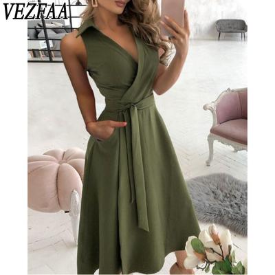 Moda Donna Estate Primavera Stampa Tinta Unita Senza Maniche Collo POLO Vita Media Abiti Casual