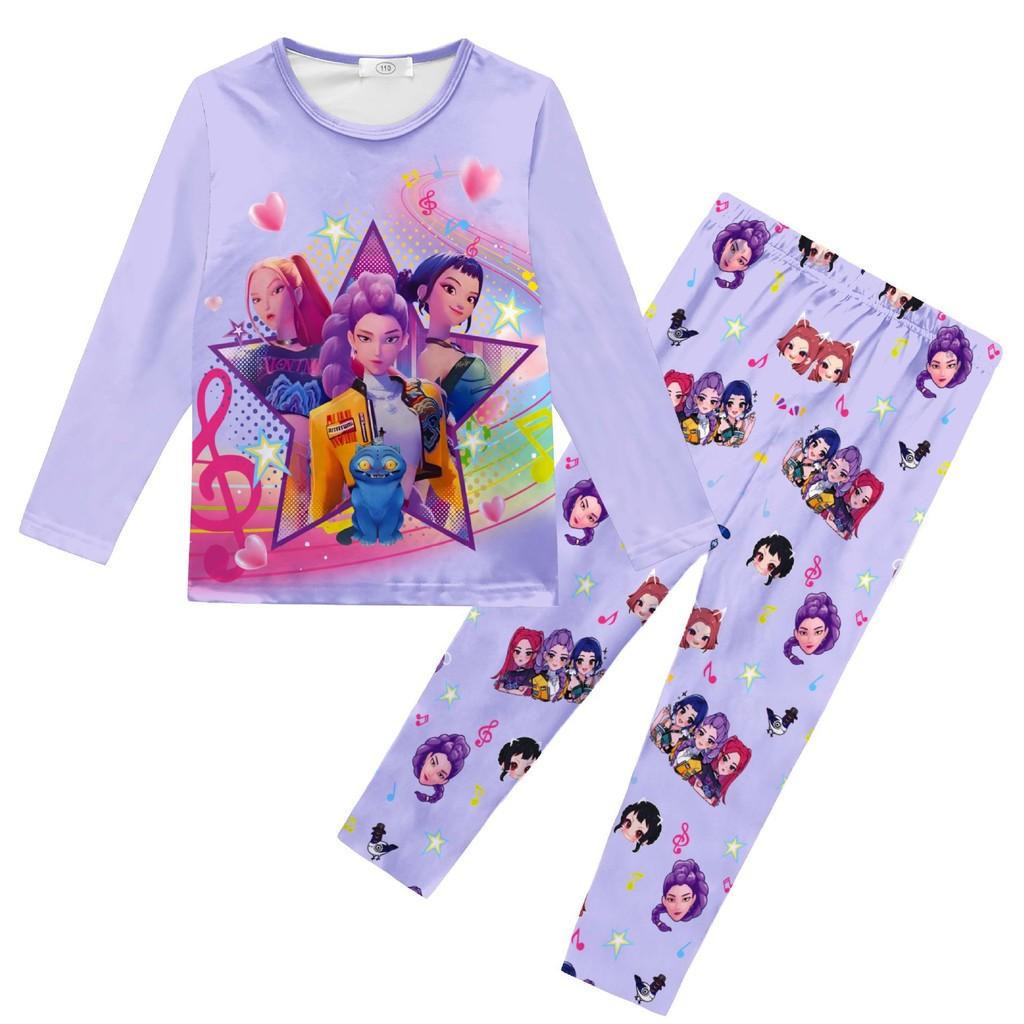

Kids Girls K-POP Rumi Mira Zoey Print Long Sleeves T-Shirt Top Pants Trousers Pajamas Sleeping Sleepwear Sets 110cm