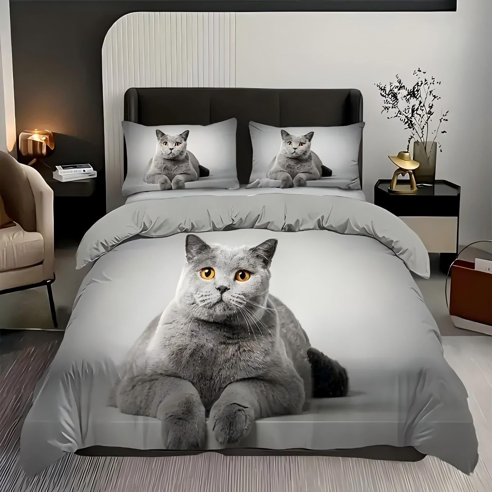 

Cute Grey Cat Pattern 3D Printed Duvet Cover Set Animal Pet Theme Luxury Bedding Set Pillowcase Soft Comfortable Quilt Cover Set 135x200cm 2pcs
