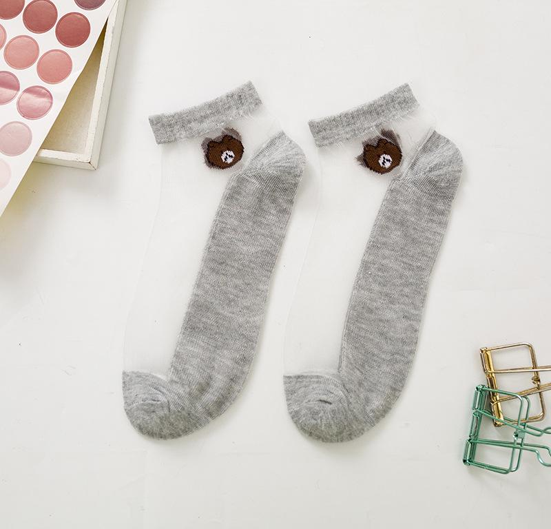 5 /10 Pairs Women Socks Summer Cartoon Socks Bear Colorful No Show Socks Soft Silk Thin Transparent Kawaii Girls Female Ankle Socks