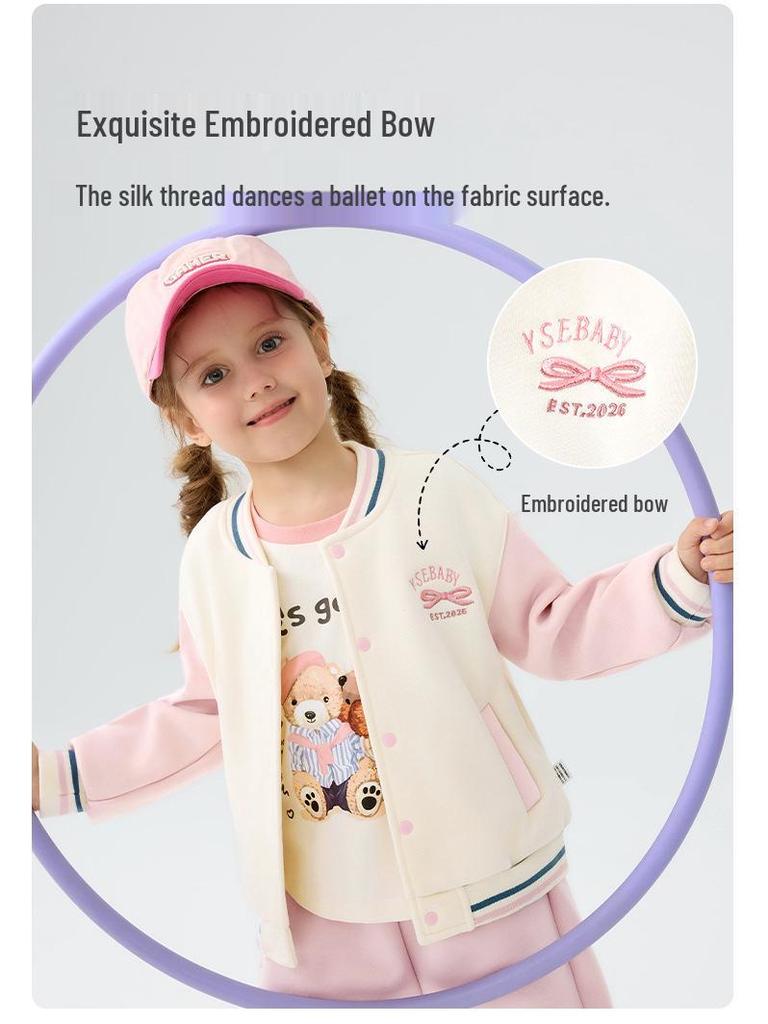 Girls' Cartoon Baseball Jacket: Warm, Fleece-Lined, Thick Cotton Coat With Stand Collar for Autumn/Winter.