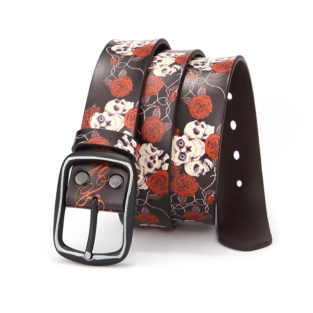 Printed Graffiti Leather Belt, Rose Skull Design, Personalized Male and Female Cowhide Leather Belt