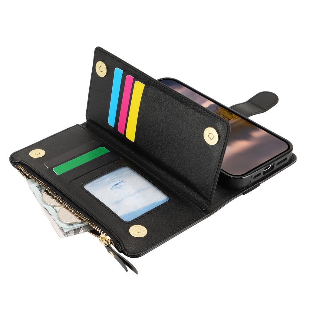 XL-001 For iPhone 15 Pro Case Zipper Pocket Wristband Stand Leather Phone Cover