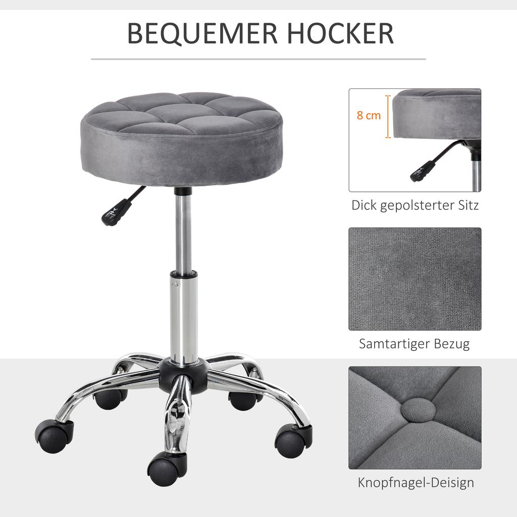 Salon Chair with Wheels Rolling Stool Height Adjustable Swivel Salon Stool Velvet Touch Foam Chrome Base Light Gray 35 x 35 x 49-61 cm