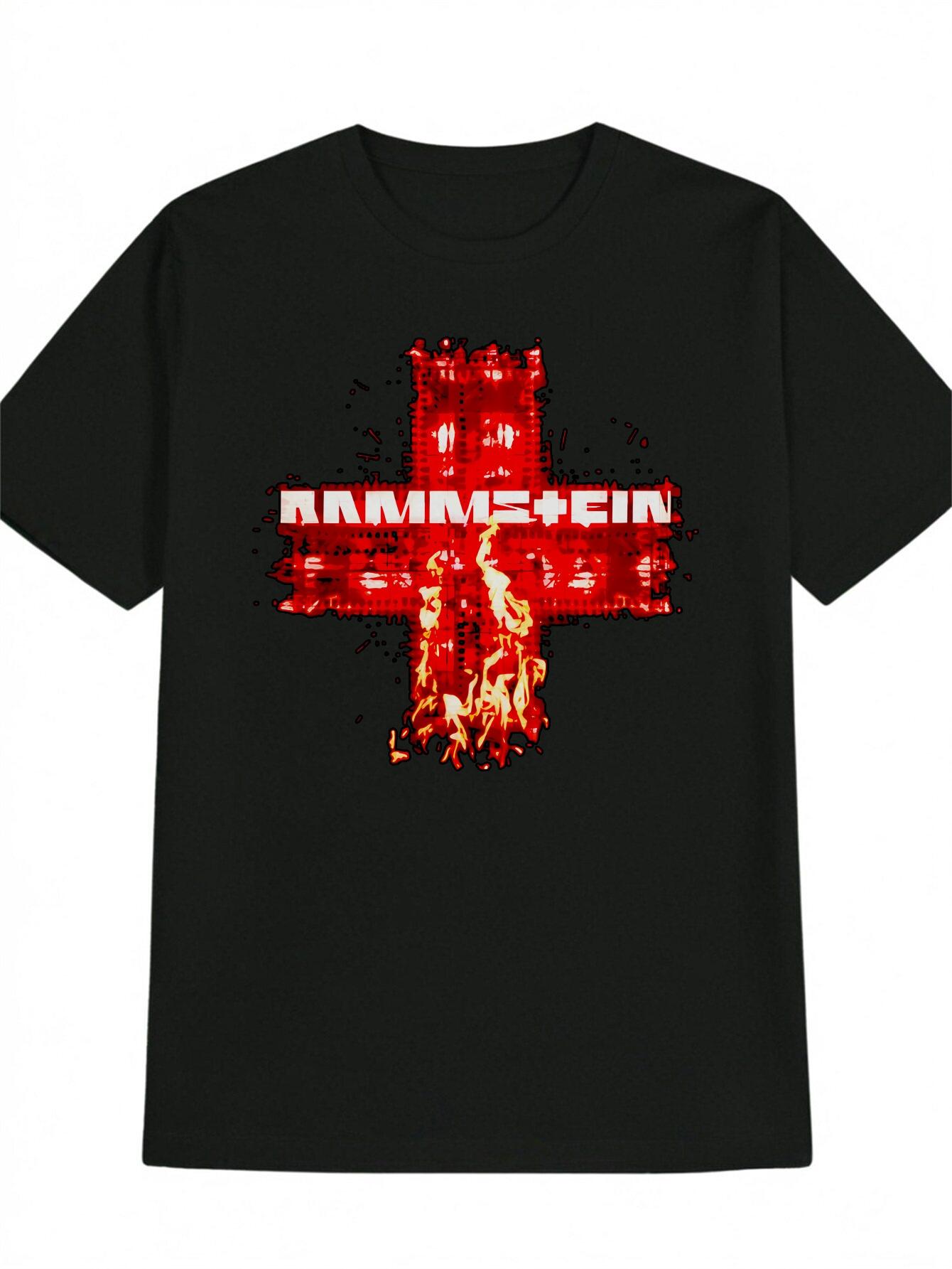 Casual Graphic T-shirt with Bold Red Cross Flame Print - Black Round Neck Summer Tee XXL