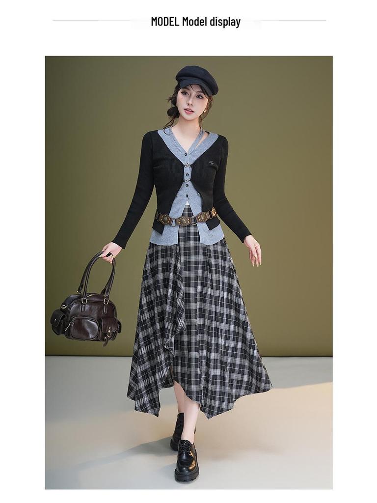 Autumn 2025 High-Waisted Irregular Black & White Plaid Skirt for Women