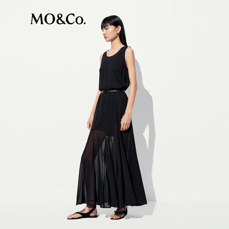 MO&Co. New Summer Black Sleeveless Mesh Tank Dress with Belt