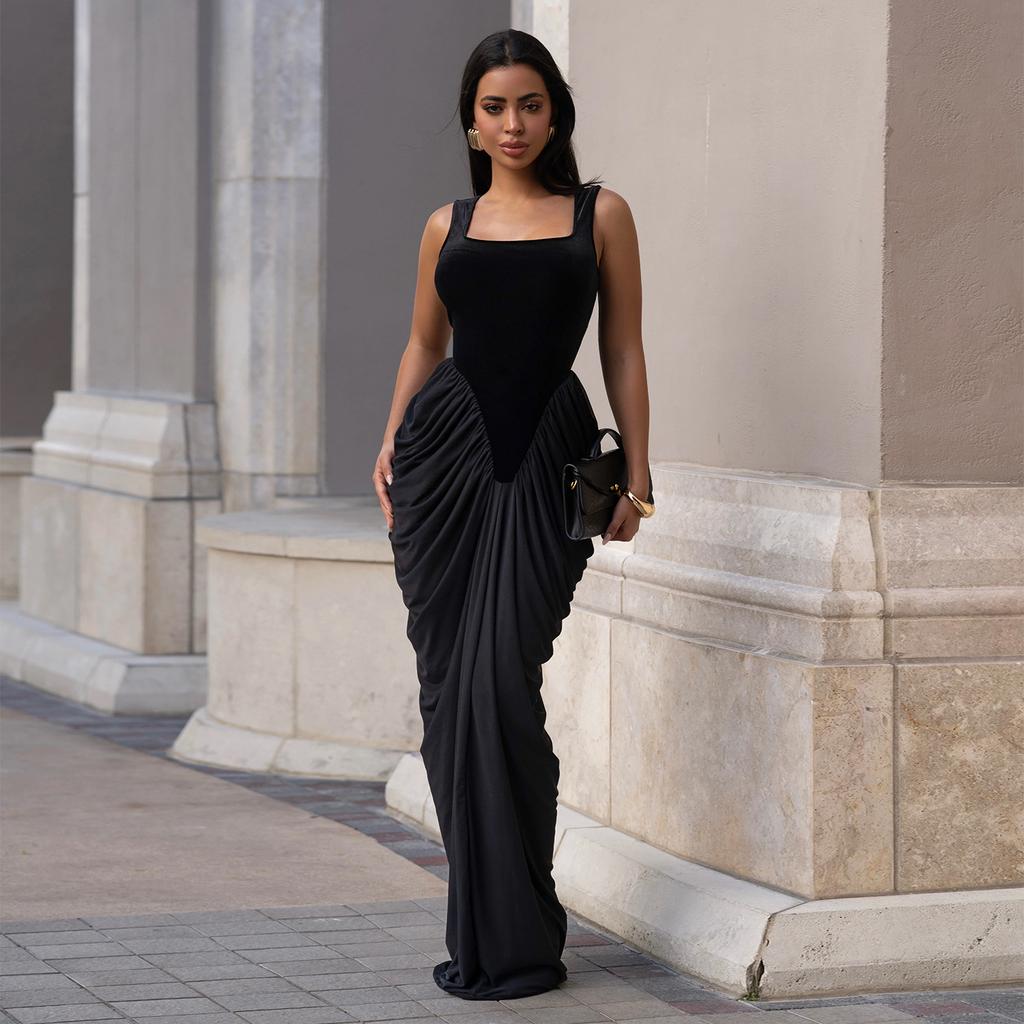 Women Square Neck Sleeveless Draped Maxi Dress Solid Color Elegant Evening Formal Dress