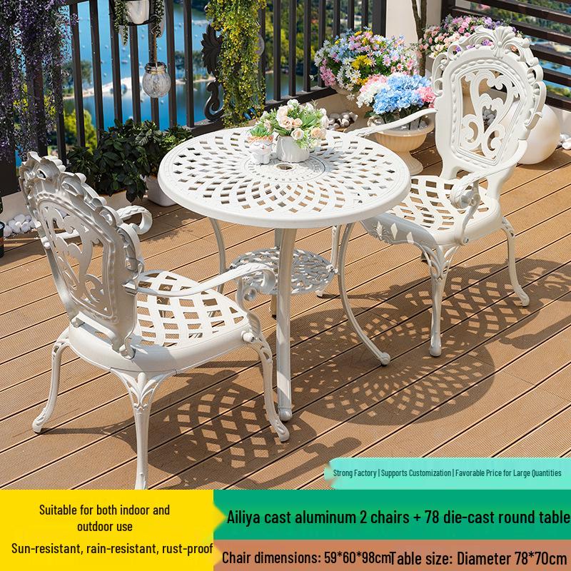 White Wrought Iron Cast Aluminum Outdoor Patio Table and Chairs Set - Waterproof Villa Courtyard Garden Balcony Furniture