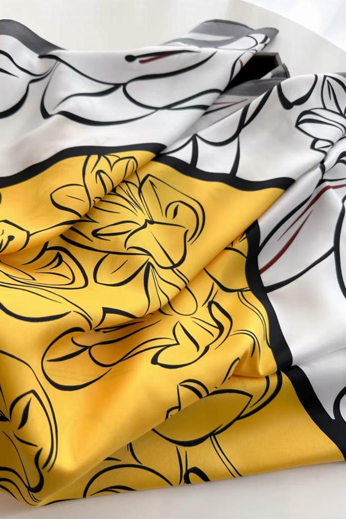 Women' Scarf Yellow and White 90X90 - Floral Line Art and Energetic Elegance