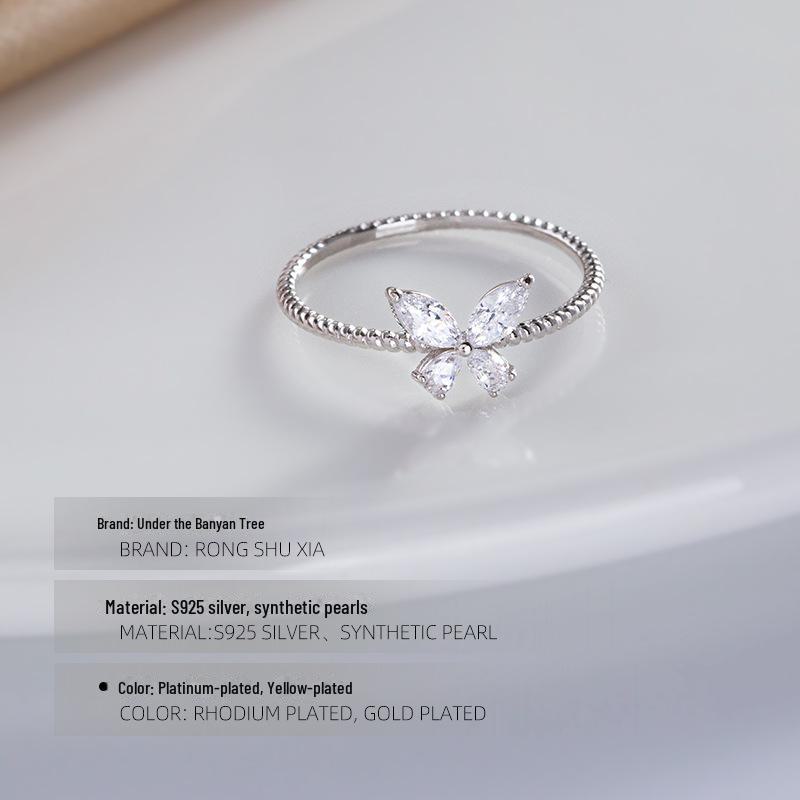 14 Karat vergoldeter Zirkon-Schmetterlingsring, S925-Silber, elegantes, schlankes Design für Damen.