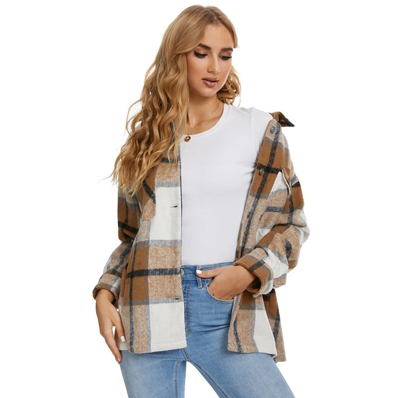 Ropa de abrigo holgada, chaqueta a cuadros, bolsillos elegantes Vintage, abrigo de manga larga de gran tamaño, cuello de solapa para mujer
