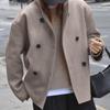 Elegant Grey Women Loose Jacket Long Sleeve Stand Collar Coat Double Breasted Female Winter
