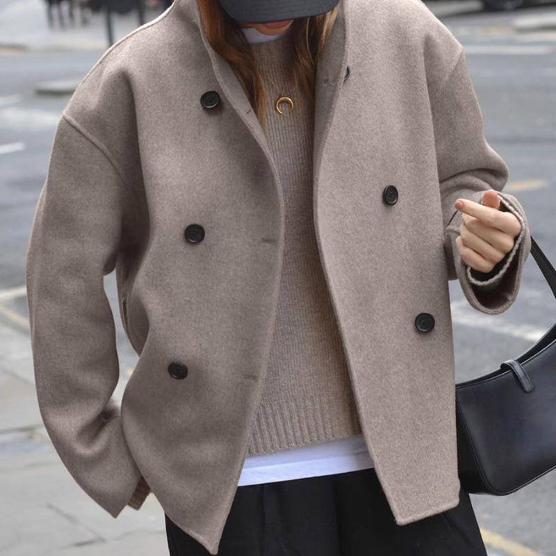 Elegant Grey Women Loose Jacket Long Sleeve Stand Collar Coat Double Breasted Female Winter