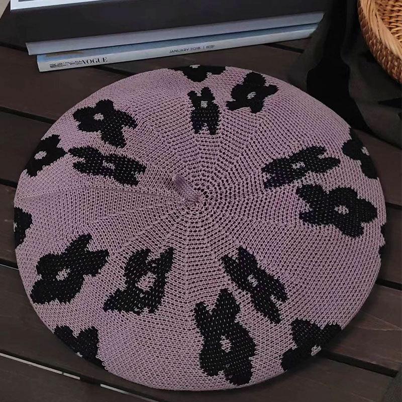 Adult Summer Floral Knit Beret, Lotus Root Pink 56-60 CM