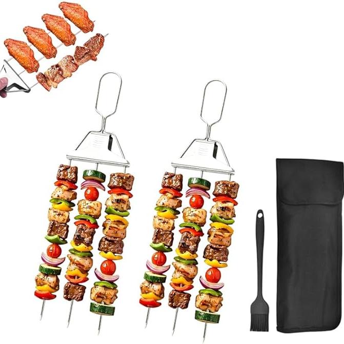 

Stainless Steel BBQ 3 Prong Skewer with Push-Off Slider for Grilling Reusable Outdoor Grill Accessories with Storage Bag for Meat Vegetable Chicken 2 Fork + Brush