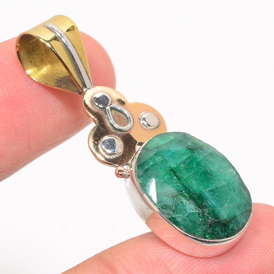 Esmeralda(Simulado) Hecho a mano Plata de Ley 925 Regalo Colgante Bicolor 1,75" c1O81