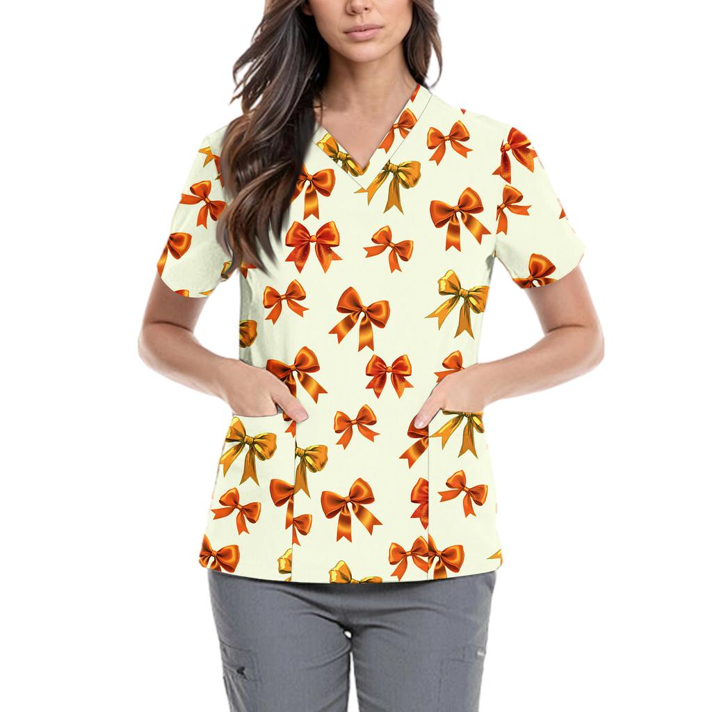 Women's Cute Bow Printed Work Clothes V-neck Double Layer Pockets Basic Short Sleeve Top Pullover
