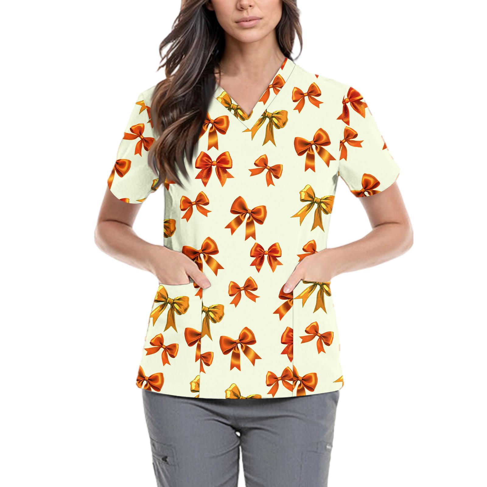 

Женская милая блузка с принтом бантиков, рабочая одежда, V-образный вырез, двойной слой, карманы, базовая, с коротким рукавом, пуловер XXXXXL жёлтый