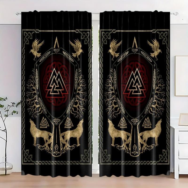 

2PCS Viking Shield Raven Wolf Light Blocking Curtains Black Red Gold Machine Washable Polyester for Bedroom Living Room Office 100*130 Grommet Top 1pcs