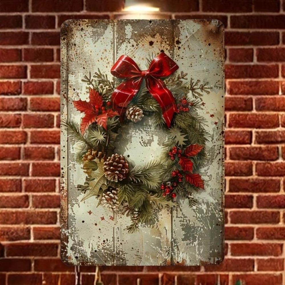 Vintage Metal Tin Sign Retro Christmas Wreath Wall Decor Home Kitchen Bar Gift