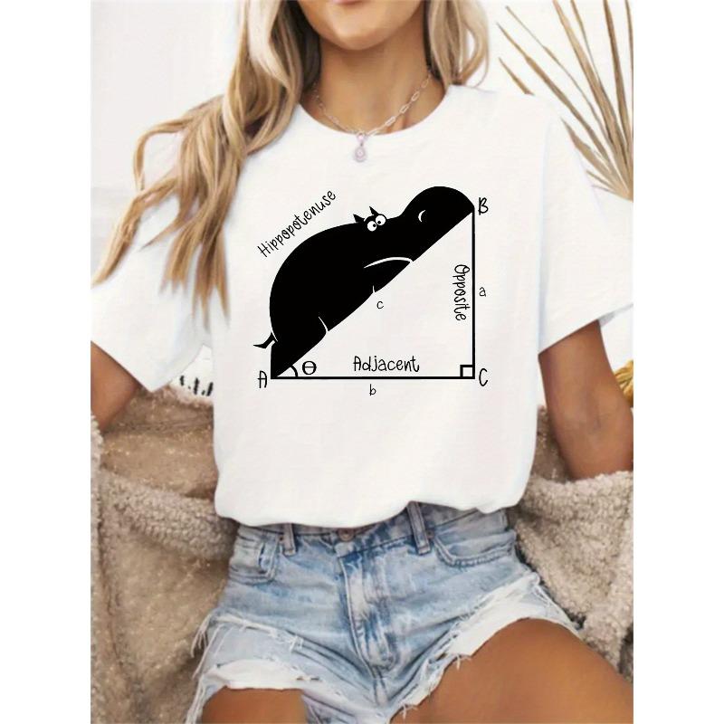 [Math Teacher T-Shirt] Women s Math Teacher & Geometry-Themed T-Shirt - Short Sleeve Round Neck Casual Top with Geometric Patterns S белый