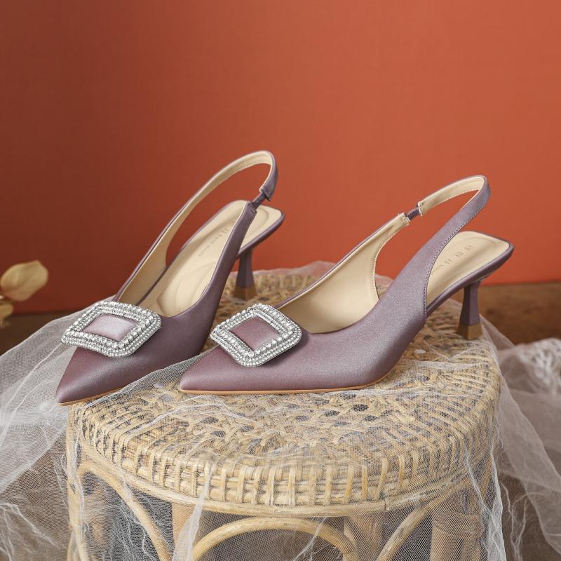 Women's Purple High Heels Stiletto Elastic Straps Open Back Pointed Toe Soft Sole White Sandals