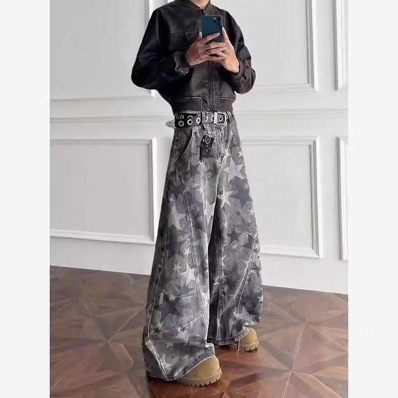 New Washed Star-printed Jeans for Men, Casual Wide-leg Long Pants
