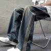 High Street Jeans Striped Street Retro Washed Distressed Loose Straight Trousers