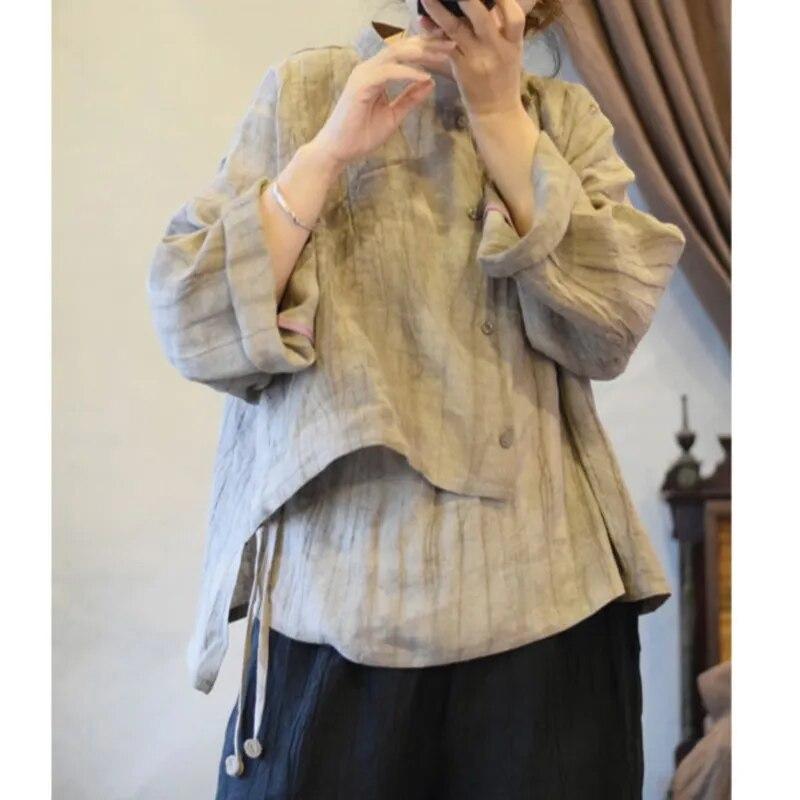 Johnature Nieregularna koszula z lnianym kołnierzykiem w stylu vintage, jesień, kobieta, nowa, zniszczona, luźna, jednokolorowa, swobodna koszula