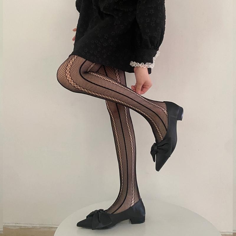 Women See Through Fishnet Mesh Pantyhose Stockings Japanese Aesthetic Hollowed Vertical Striped Pattern Tights Leggings