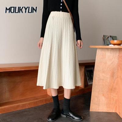 Dicker Rippenstrickrock für Damen, großer Swing, lässiger Midirock, Herbst, eleganter A-Linien-Plissee-Apricot-langer Strickrock