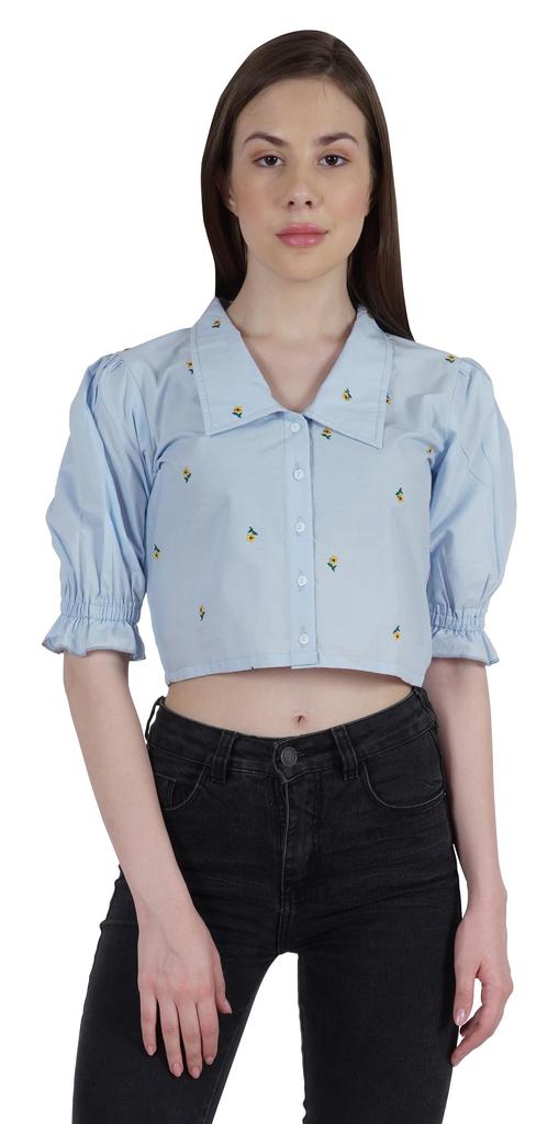 Moomaya Puff Sleeve Crop Top For Women Solid Button Down Collar Designer