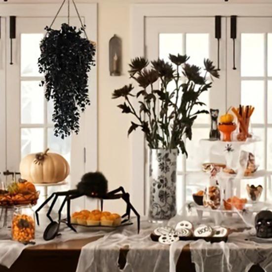 2 ks Halloweenská závěsná umělá eukalyptová strašidelná umělá černá listová větev vnitřní venkovní nástěnná závěsná falešná plastová rostlina černá zeleň dekorace