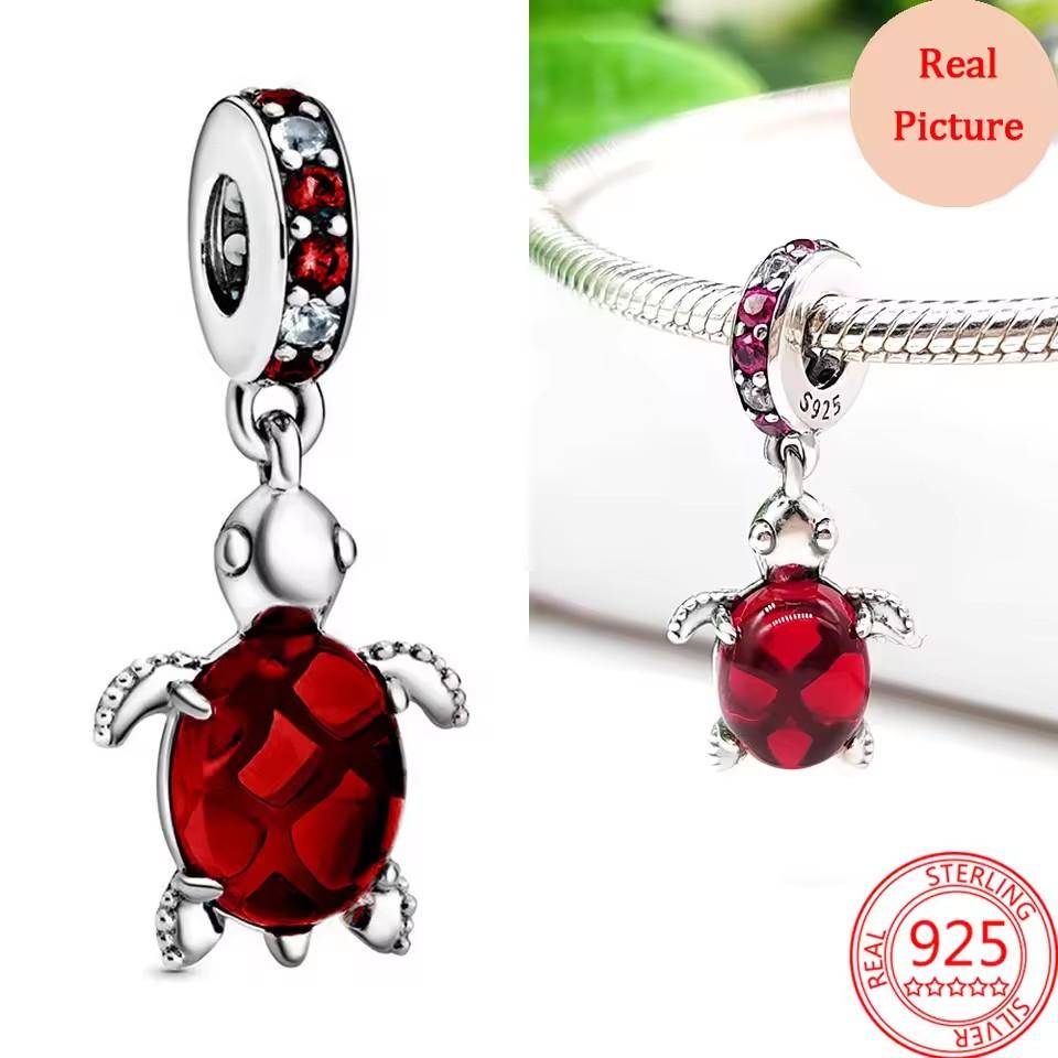 925 Silver Colorful Jewelry Women Murano Glass Pink And Blue Sea Turtle Dangle Charm Fit Bracelet Accessories