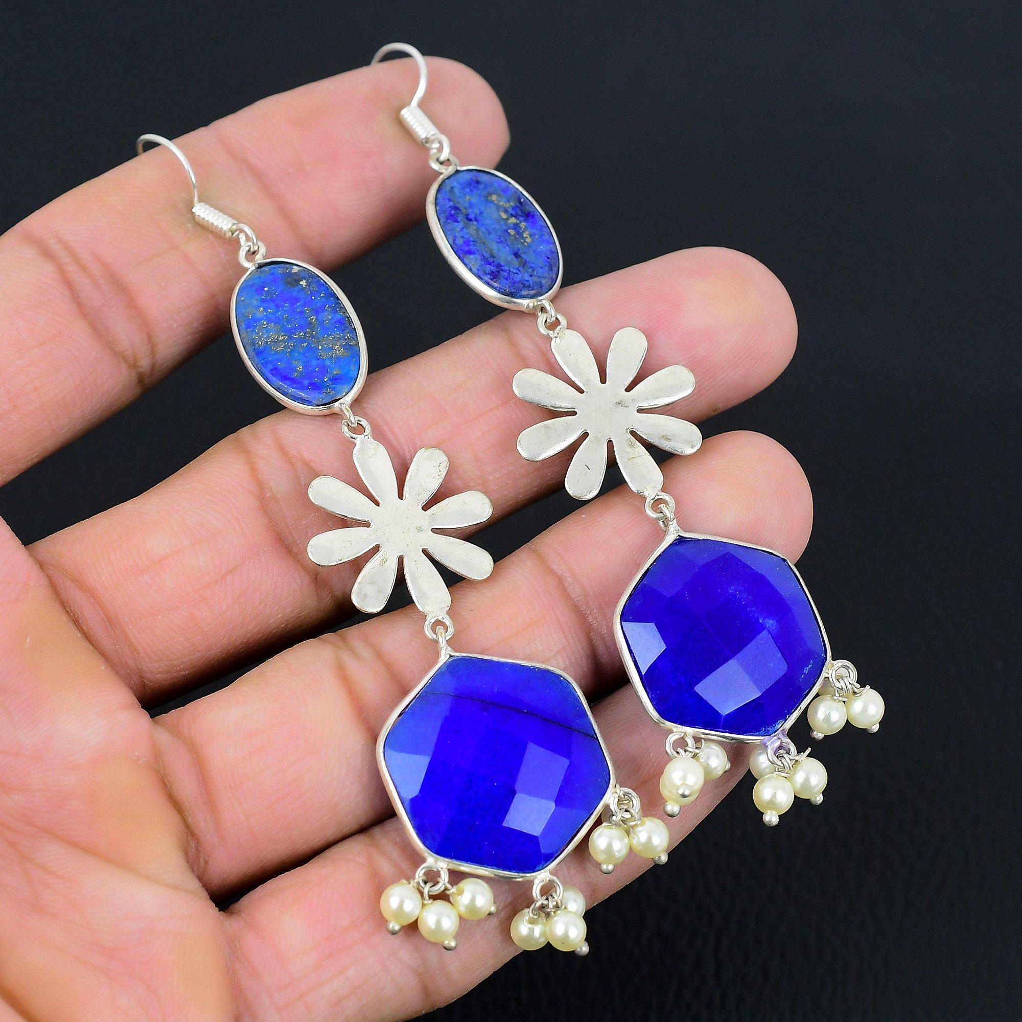 

Daughters Day Deal Lapis Lazuli Stone 925 Sterling Silver Elegant Drop Earrings