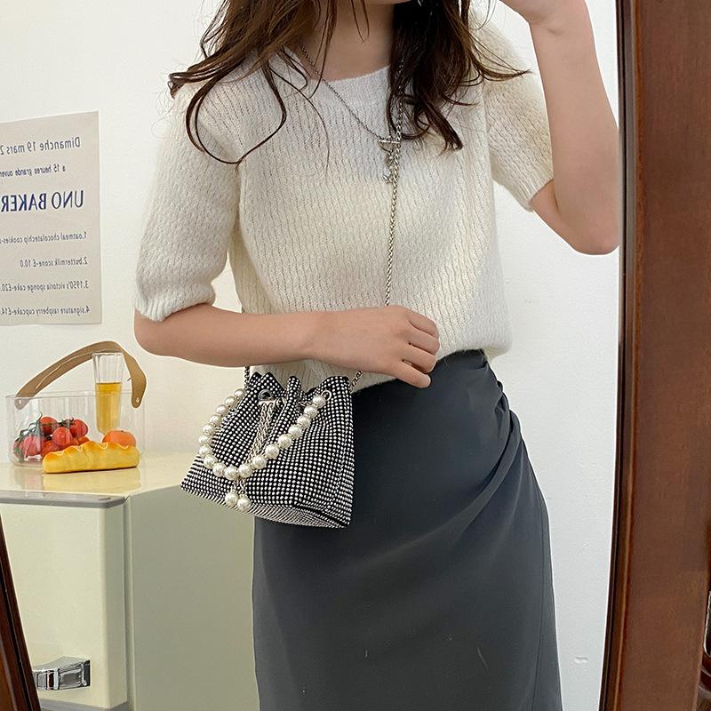 Pearl Handbag, Women's Fashionable Bright Diamond Shoulder Bag, Net Red, Foreign Style Chain, Cross Body Bucket Bag