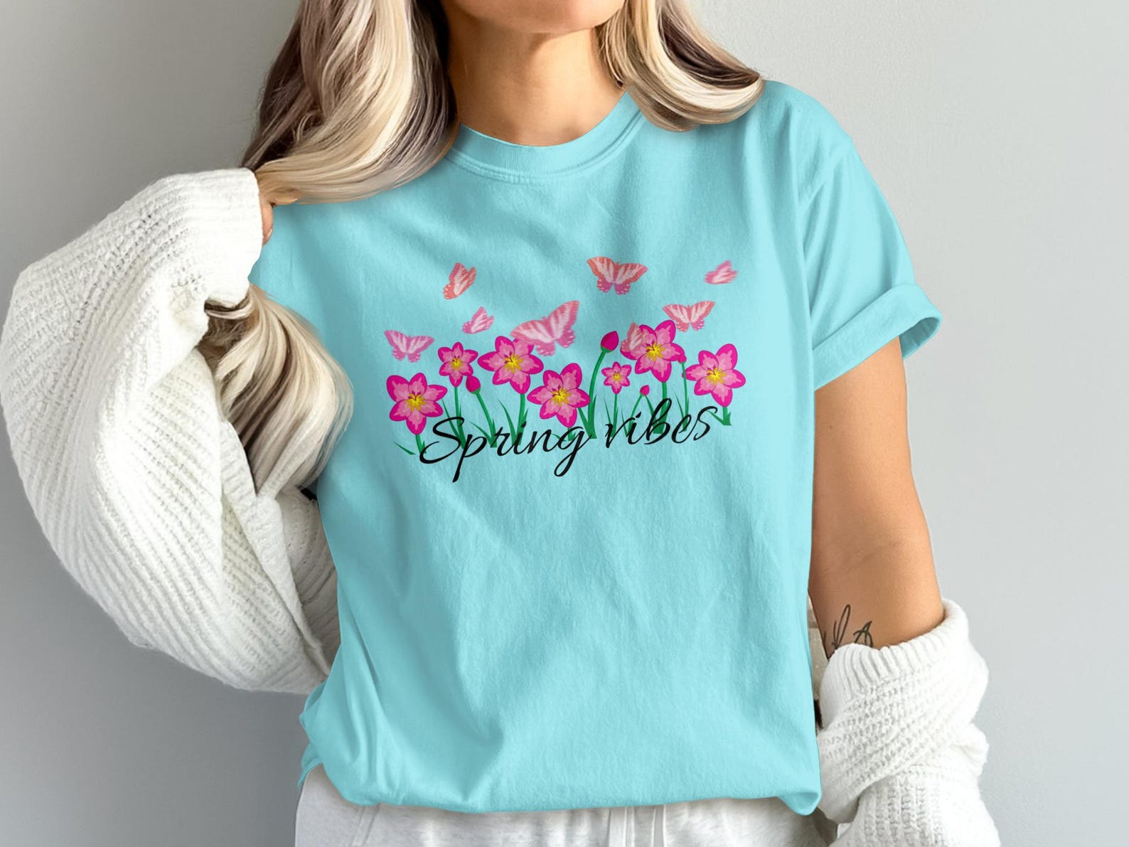 Spring Vibes T-Shirt, Pink Floral Butterfly Graphic Tee, Botanical Nature Lover Shirt 3XL