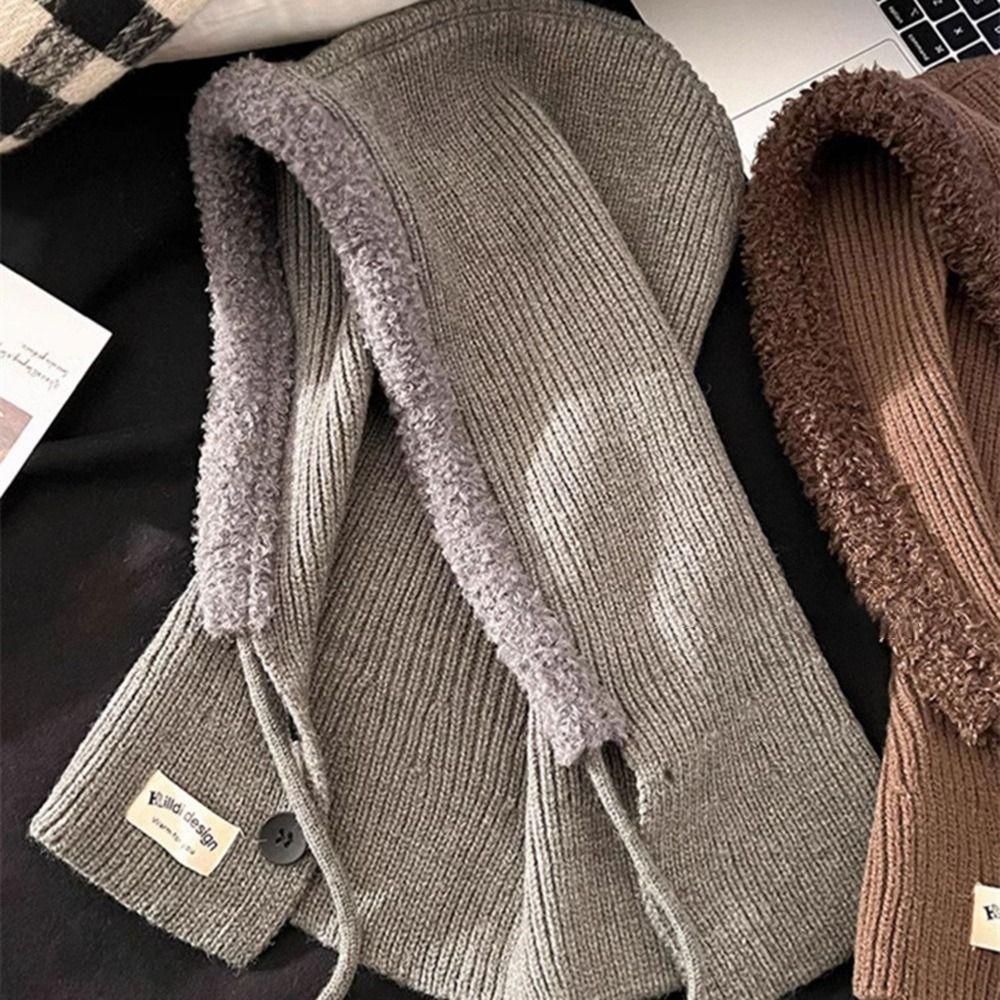 Plush Knitted Hat Neck Protection Lace-up Hat New Hood Scarf  Autumn Winter