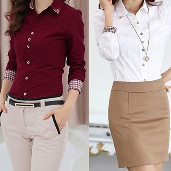 Shirt Turn-down Collar Slim Cotton Long Sleeve Collared Tops for Office