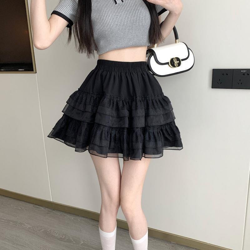 2024 Women's High Waist White Lace A-line Mesh Puffy Ballet Skirt