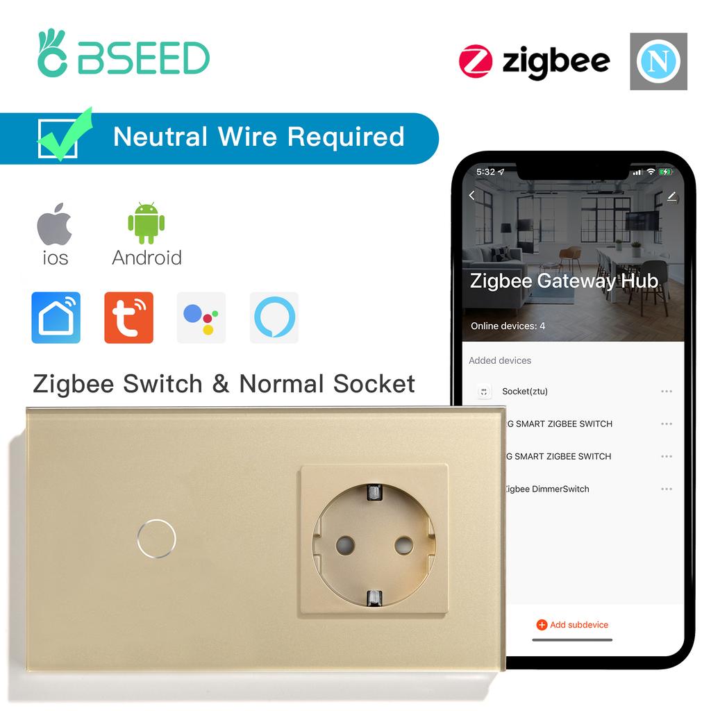 BSEED zigbee 1/2/3Gang Smart Touch Switches Tuya Smart Life App Control Plus Normal Power Sockets EU Standard Neutral Required