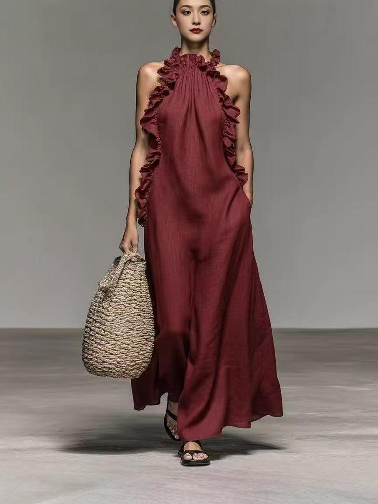 2026 Summer Halter Neck Ruffle Sleeveless Dress with Pockets