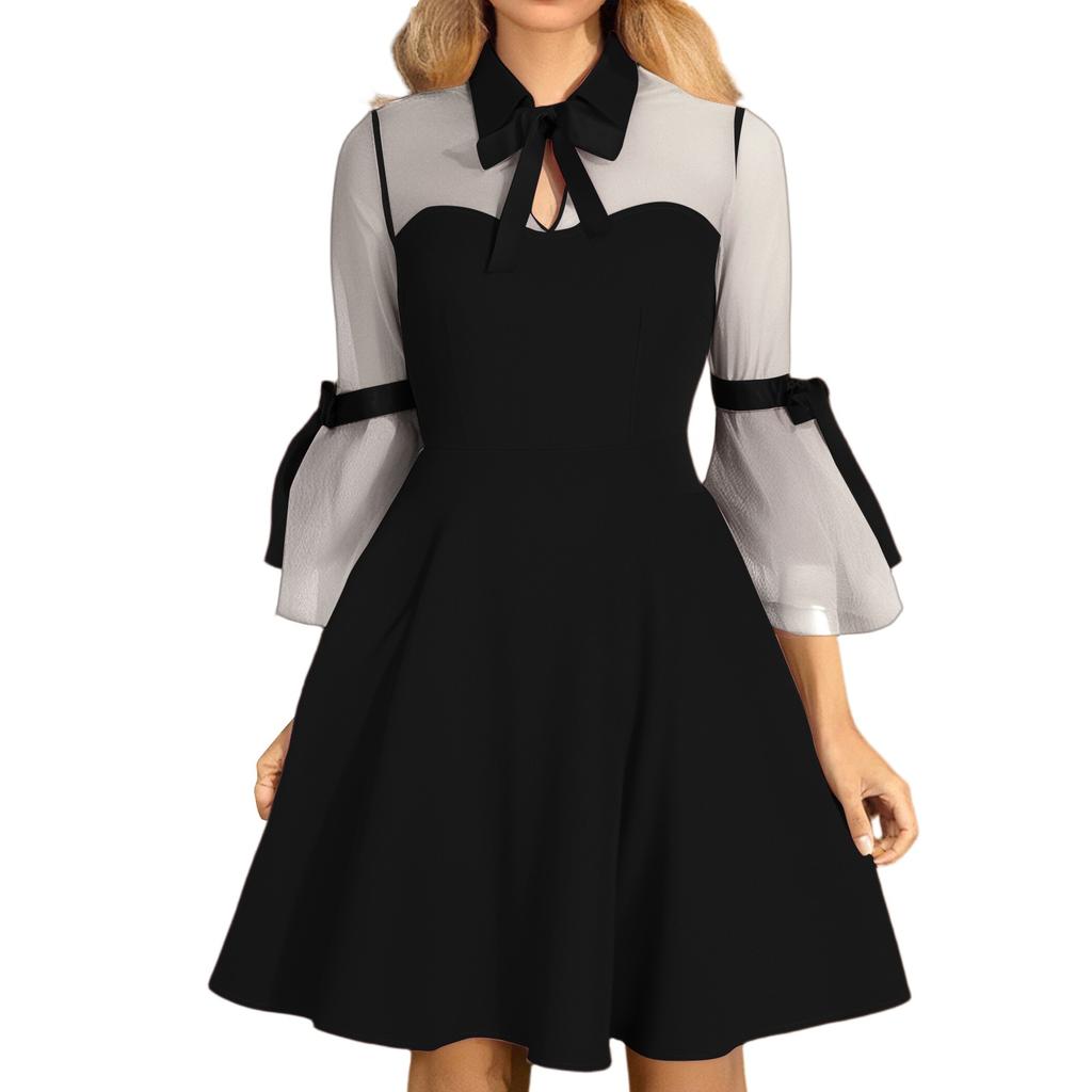 Damen Hohlgestricktes Mesh-Patchwork Retro Revers Dreiviertelarm Kleid mit großem Schwingrock