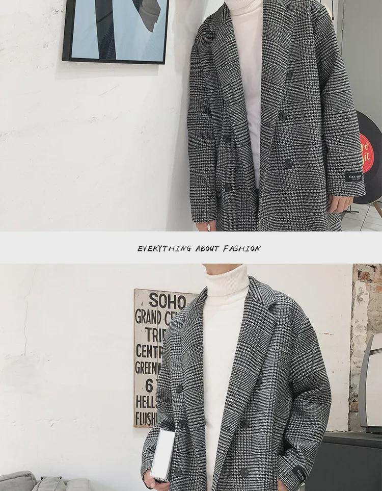 Herren Trendiger Doppelreiher Woll-Plaid Trenchcoat - Herbst/Winter Koreanischer Hong Kong Stil, Übergröße verfügbar