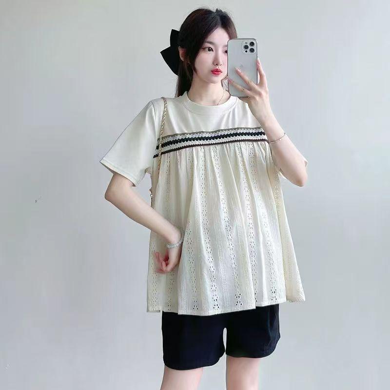 

Korean Style Embroidered Maternity Top Set - Short Sleeve Belly Covering T-Shirt and Doll Shirt Two-Piece M [80-105 lbs]