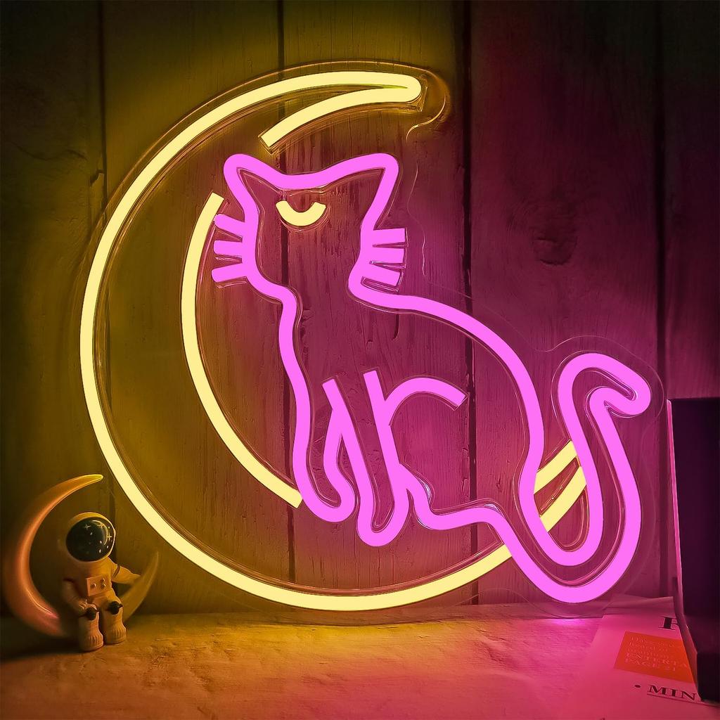 Japanese Anime Cat Neon Signs Dimmable Cartoon Luna Neon Lights Moon Cat Neon Light Sign Cute Led Signs for Bedroom Wall Girls Room Dorm Birthday